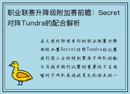 职业联赛升降级附加赛前瞻：Secret对阵Tundra的配合解析